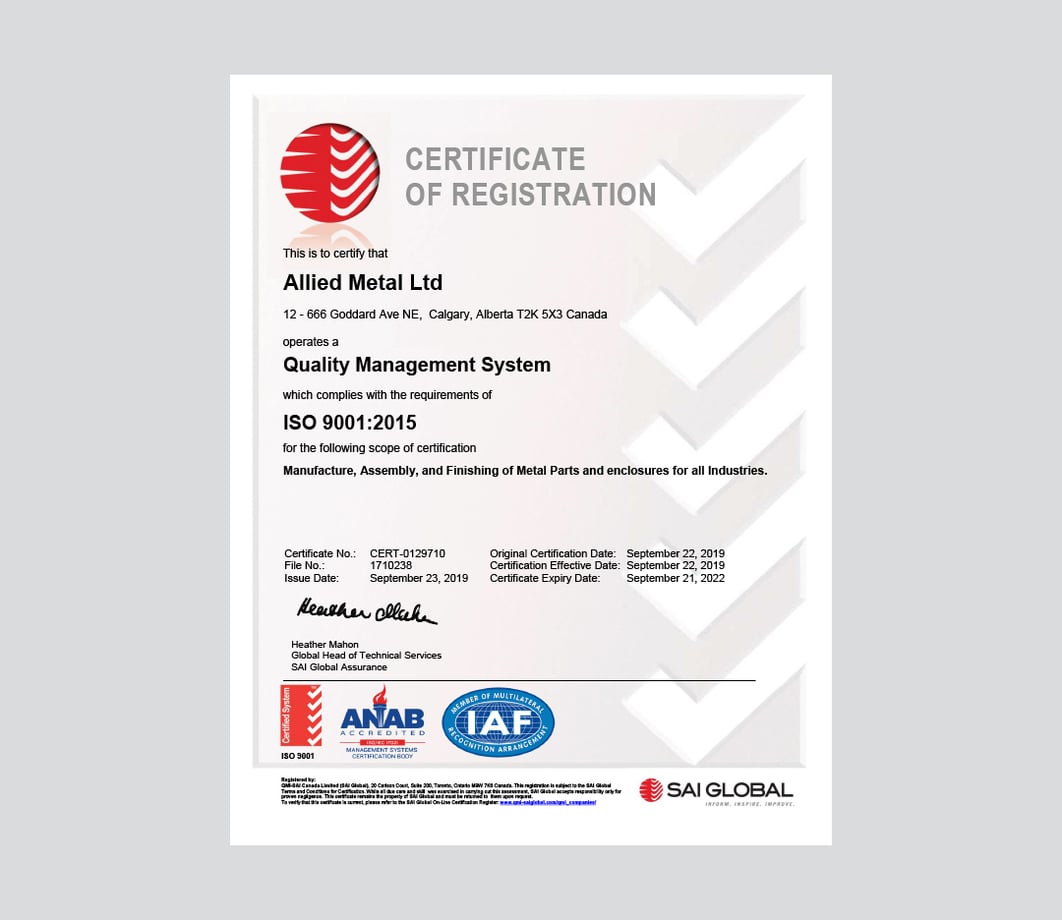 Allied Metal Ltd ISO 9001 2015 Certification Allied Metal Ltd ISO 9001 2015 Certification