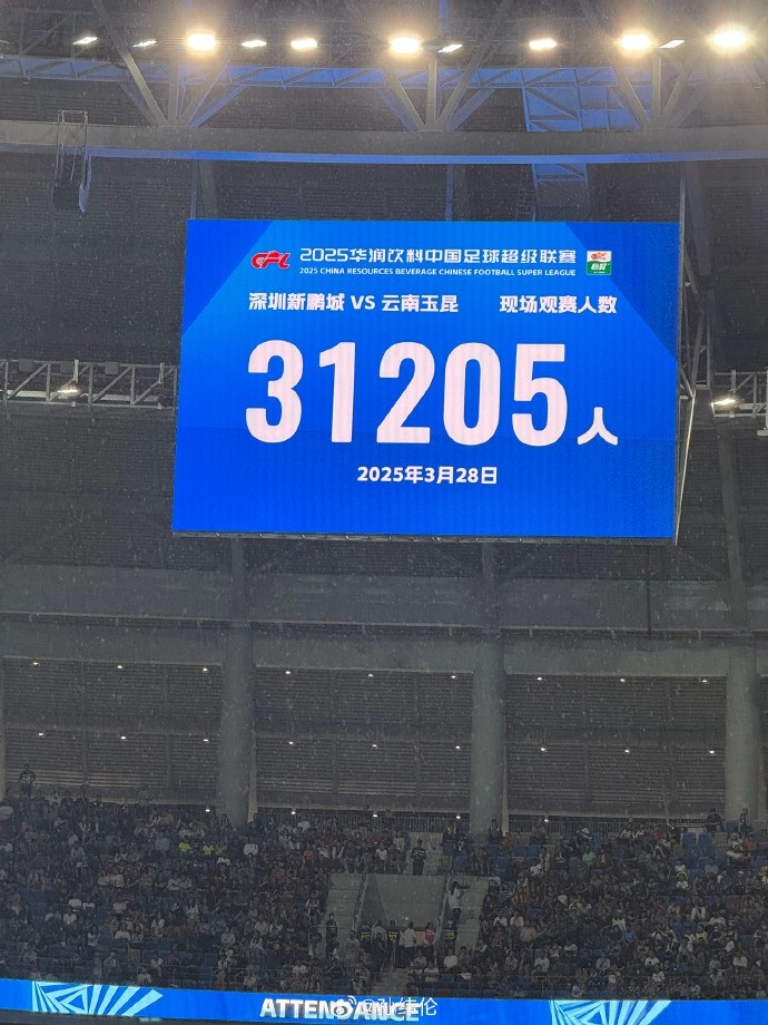 新鵬城新賽季首個(gè)主場現(xiàn)場觀眾31205人，為隊(duì)史最高上座人數(shù)